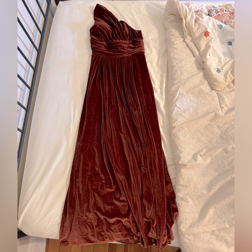 One shoulder velvet rust colored formal dress
